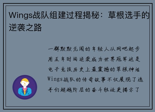 Wings战队组建过程揭秘：草根选手的逆袭之路